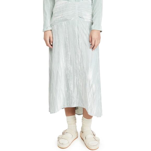 VINCE Ruched Velvet Paneled Skirt In Pale Sea Glass 10 - Picture 7 of 7